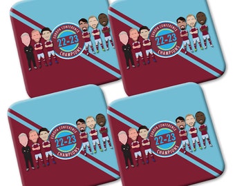 West Ham 2022-23 Europa Conference Champions Printed 4 Pack Of Coasters Moyes Bowen Rice etc Great Gift