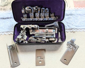 Antique Sears Roebuck Minnesota Sewing Machine Model A Metal Box of Attachments, Plates and Accessories