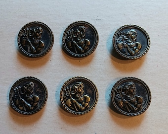 6 antieke tot vintage Neptunus/Poseidon grote metalen knoppen