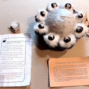1980&#39;s Northern Creations &quot;Blanket Toss&quot; Pincushion- Hand Painted Faces, Real Mink + Eskimo Thimble
