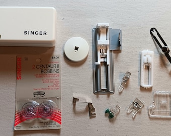 Vintage Singer Model 6234 Attachment Box + Automatic Buttonholer Attachment and Bobbin Pack of 2