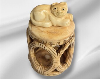 Vintage Water Buffalo Bubalus Bubalis Carved Bone Figurine "Cat On The Chair"