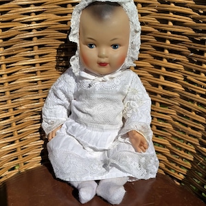 Vintage Celluloid Jointed Body Doll Moulded Hair Blue Eyes Perfect Condition , vintage poupon, doll in christening clothing,collectible doll