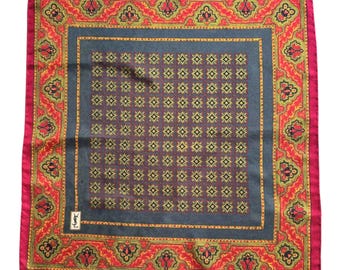 Vintage French Designer YSL Yves Saint Laurent Mulberry Silk Pocket Square Navy Red ,1970s