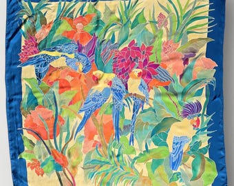 Vintage Hand Painted Parrot Pure Silk Scarf,Tropical Jungle Art,Signed "Gilbert" ,1970s