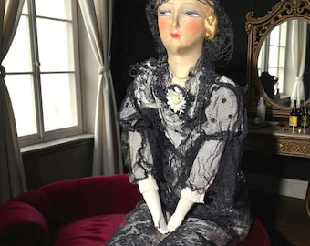 Antique Rare French Boudoir Doll 30” Poupée De Salon Ancienne Hand Painted Face,1930s