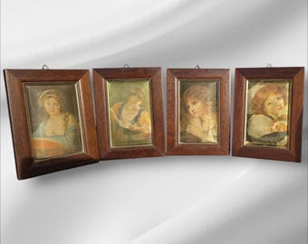 Conjunto de 4 pequeñas pinturas artísticas vintage coleccionables sobre seda italiana de madera preciosa, 5 x 3 pulgadas