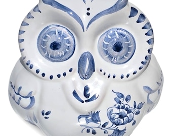 Moustiers Faience Blue White Hand-Painted Ceramic Owl, Signed Atelier du Riou