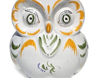 Moustiers Faience Owl Figurine, Hand-Painted Provencal French Ceramic, Signed Dellerie a Moustiers