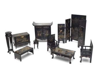Vintage Rare Miniature Dollhouse Furniture Set 10 Pieces Black Lacquer Gold 50s