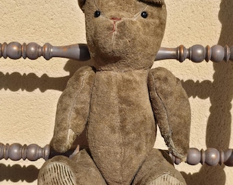 RARE Vintage Straw Stuffed Mohair Jointed Teddy Bear with velvet pads on paws 1900s