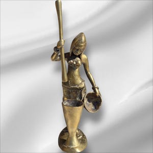 Estatua africana vintage de bronce de mujer con mortero, 20 cm de alto, arte tribal africano, bronce africano coleccionable, estatua vintage