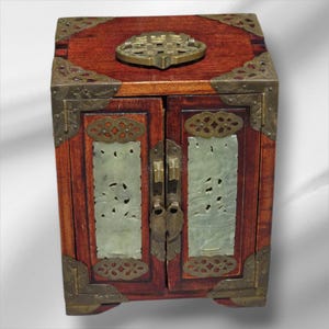 Vintage Chinese Rosewood Jewellery Chest Box Brass Jade Accents 4 Medallions 7in ,Handmade Jewellery Box, Perfect Gift, Asian Decor Box