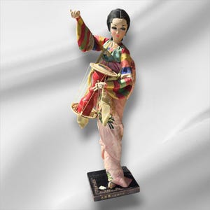 Vintage Traditional Asian Hand Made Doll Musical Drum Instrument 19in 50cm 1950s, Silk Doll, Ethnic Doll,Antique Asian Doll, Oriental Doll