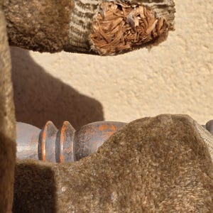 K&ouml;nnte beinhalten: Nahaufnahme eines braunen Pl&uuml;schtiers mit einem Riss, der die F&uuml;llung im Inneren freilegt. Das Spielzeug ist aus einem weichen, flauschigen Material gefertigt und hat ein abgenutztes Aussehen.