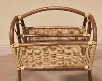 ヴィンテージ籐製マガジンラック、レトロなホームデコレーション