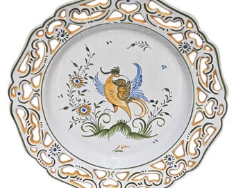 Vintage French Faience Plate,Moustiers-Sainte-Marie, Hand-Painted, Signed 10in