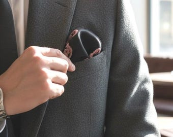 Vintage Jacques Fath Paris black silk twill pocket square,1960s, mint condition