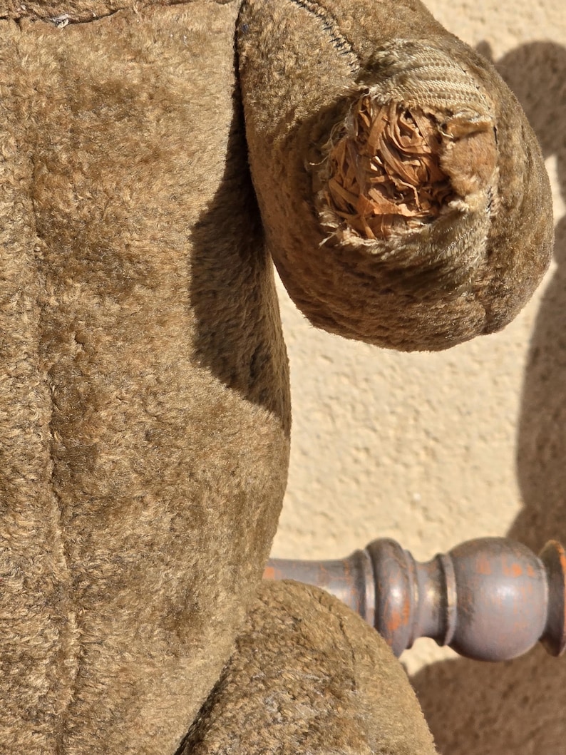 K&ouml;nnte beinhalten: Nahaufnahme eines braunen Teddyb&auml;ren mit einem gro&szlig;en Riss im Arm, der die F&uuml;llung im Inneren freilegt. Der B&auml;r ist aus weichem, pl&uuml;schem Stoff.