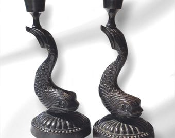 Vintage Pair of Spelter Koi Fish Candle Holders ,Antique Fish Candlesticks, Art Deco,Home Decor