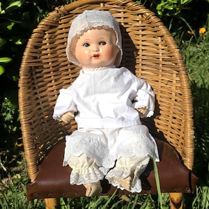 Boneca bebê antiga de 16&quot; composta, década de 1920, boca aberta com língua, olhos de dormir, corpo de pano, boneca infantil, boneca colecionável, rara de encontrar, ideia para presente