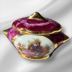 Mini joyero de porcelana de oro de 22 k Fragonard de Limoges, Francia, pareja de novios, porcelana francesa, caja de porcelana vintage, regalo perfecto