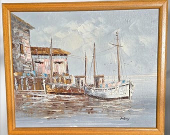 Vintage Rare Signed Original 11"x9" Framed Oil Painting Fishing Dock Harbour Fine Art , oil on canvas