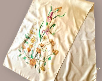 Vintage Rare French Pure Silk Hand Painted Long Scarf ,flowers design,1970s