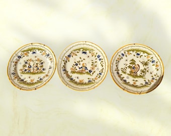 Set of 3 Vintage French Faience Plates Old Moustiers 18ct Motif Hand Painted