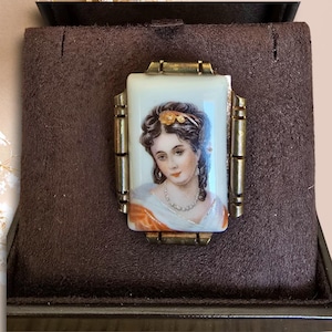 Vintage Limoges  France Hand Painted Porcelain &quot;Eugenie de Montijo Paris&quot; Brooch Rare To Find, collectible jewellery, Limoges porcelain