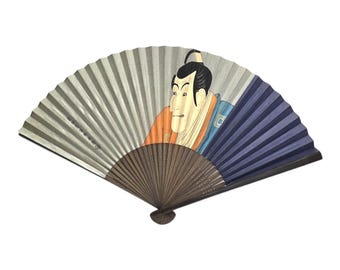 Vintage Japanese Bamboo & Paper Folding Fan,Kabuki Actor Art,1950s