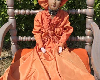Antique Collectible French Boudoir Bedroom Doll - Original Art Deco Gown - Brass & Bead Accents
