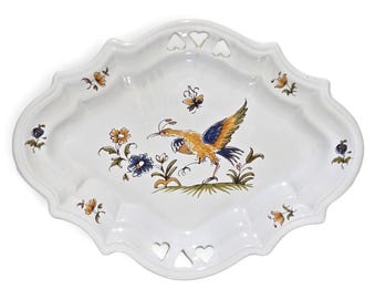 Vintage Moustiers Faience Oval Plate, Hand-Painted Grotesque Bird, Pierced Heart Rim, Signed G. Boizot