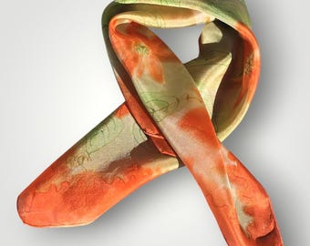 Vintage hand painted silk neckerchief scarf floral orange green design 45cmx45cm