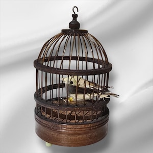 Vintage Japanese Automation Bird Cage With 2 Birds Wood & Metal 6.7” Tall, Home Decoration, Accent Piece, Rare to Find ,Collectible Item