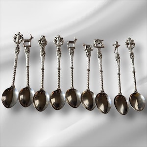 Set of 9 Montagnani Style Italy Stamped Figural Demitasse Spoons Ornate Vintage ,silver plated ,perfect gift, vintage gift