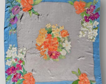 Hand Painted “Gilberte” Vintage Silk Scarf – Sky Blue Border, Pastel Floral Art,1970s