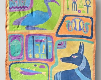 Vintage Hand Painted Silk Scarf “Gilberte” Egyptian Anubis, Ibis , Hieroglyphs, 1970s