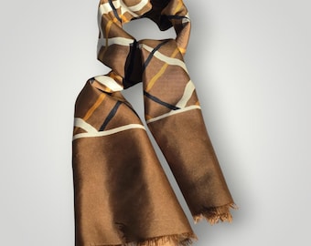 Vintage Collectible Brand CASTEL Long Silk Scarf , Brown Geometric Design,1960s