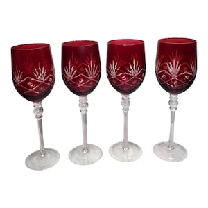 Juego de 4 copas de vino vintage de cristal tallado rojo rubí de 24 cm con diseño de estrella y diamante.