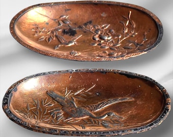 Pair Vintage Copper-Plated Bird & Floral Mini Vide Poche Trays,Embossed Decorative Metal Catchall Dishes, Art Deco Style