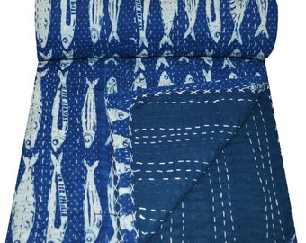 Blue Natural Color Kantha Quilt Twin Size Vintage Indigo Kantha Throw Hand Stitched Indigo Kantha Blanket Reversible Indigo Kantha Bedspread