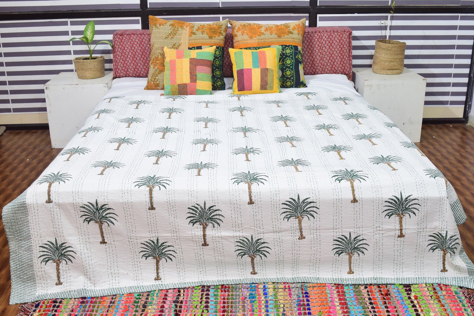 New Palm Tree Kantha Quilt Pure Cotton Kantha Bedspread Palm Etsy