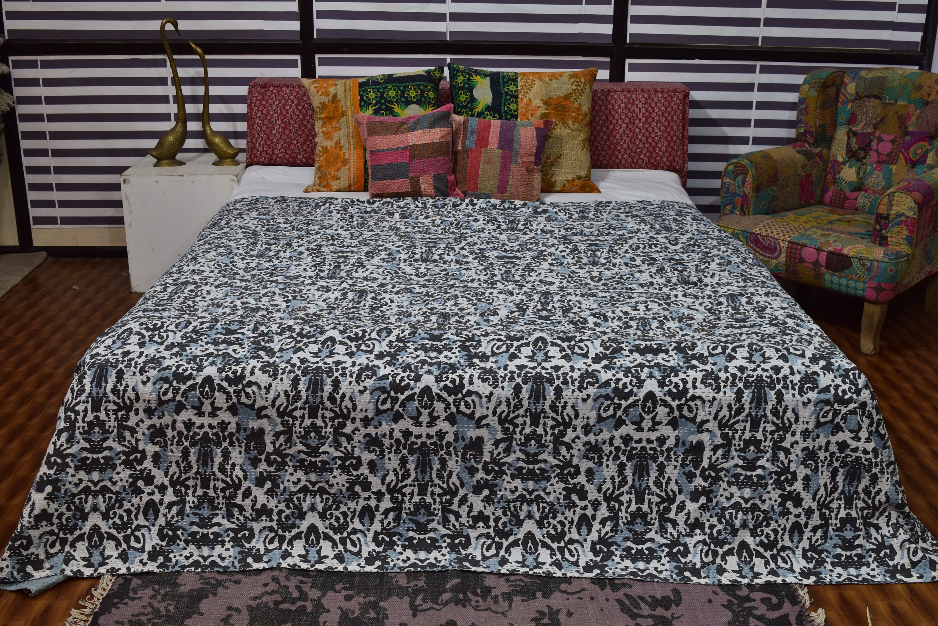 Stylish Cotton Indian Handmade black print Kantha Bedspread Etsy