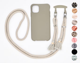 2in1 mobile phone case and mobile phone chain GREIGE with eyelet clip and cotton cord for iPhone and Samsung