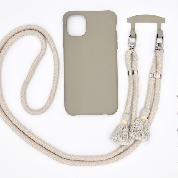 2in1 mobile phone case and mobile phone chain GREIGE with eyelet clip and cotton cord for iPhone and Samsung