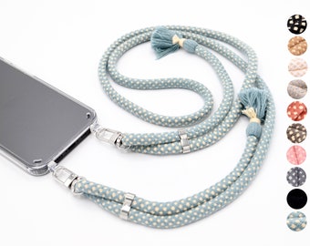 Cell phone chain with cotton cord with carabiner for iPhone and Samsung - Transparent cell phone case with eyelets Cotton Style | also with MagSafe magnet