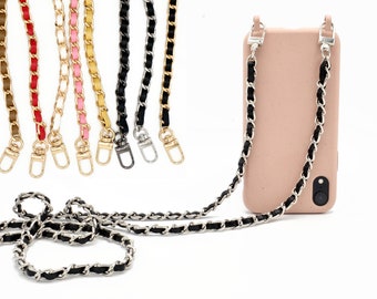 Metal chain with carabiner for the cell phone chain or handbag - vegan leather + stainless steel chain in different colors