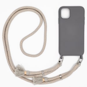 Mobile phone chain GRAY with cotton cord in 10 colors for iPhone - mobile phone case made of soft silicone with eyelets | Cotton style with carabiner