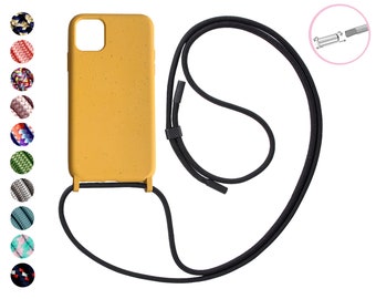Organic cell phone chain with removable rope YELLOW for iPhone- eco-friendly cell phone case, vegan biodegradable, sustainable & recyclable